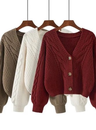 V-neck Twist Sweater Women's Coat Tops Knitted Jumpers Cardigan Outwear Coat